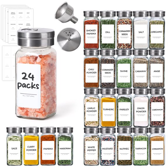 ComSaf 24-Pack 4oz Spice Jars Bulk, Empty Glass Containers with Shaker Lids & Funnel, 45 Preprinted Labels for Seasoning, Salt and Pepper Shakers