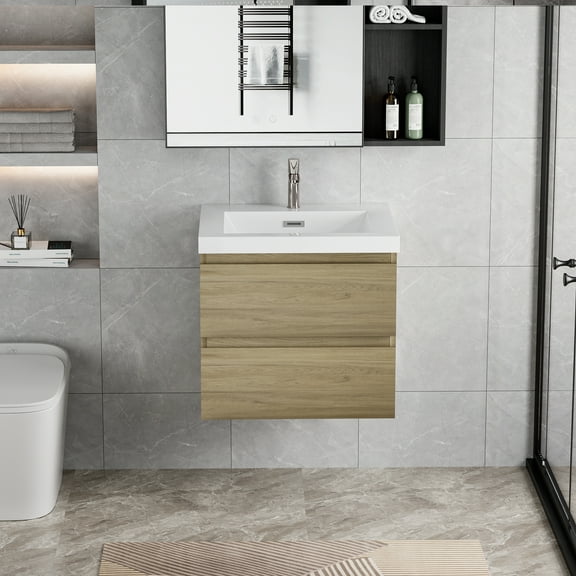30" Modern Floating Bathroom Vanity with Sink, Wall-Mounted Bathroom Storage Vanity Cabinet with Resin Top Basin and Soft Close Drawers, Natural Oka