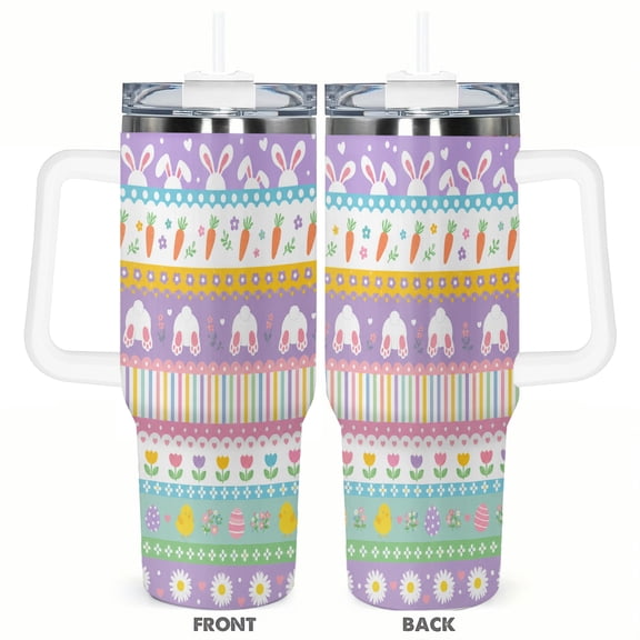 40oz Easter Bunny Tumbler with Handle and Straw Cute Pastel Spring Floral Stainless Steel Insulated Travel Coffee Cup Gift