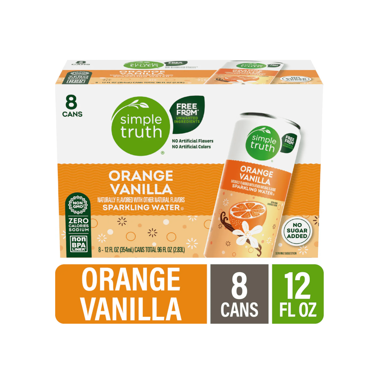 Simple Truth Orange Vanilla Sparkling Water, Zero Calories, No Sugar Added, 12 fl oz , 8 Cans + Bonus
