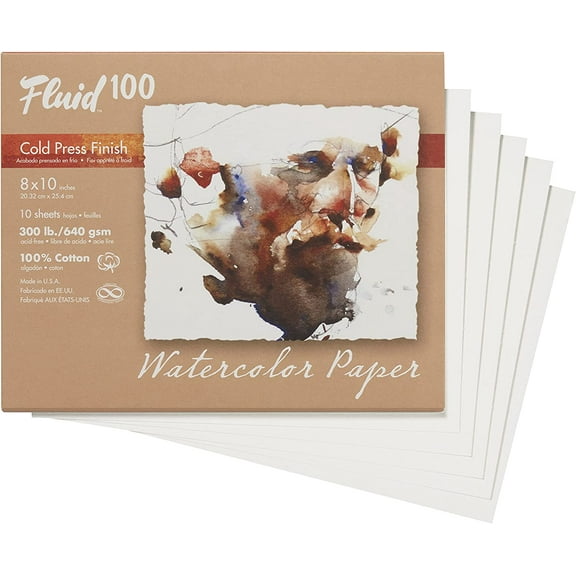 Speedball Fluid 100 Artist Watercolor Paper, 300 lb (640 GSM) 100% Cotton Cold Press for Watercolor Painting and Wet Media, 8 x 10 Pochette, 10 Sheets