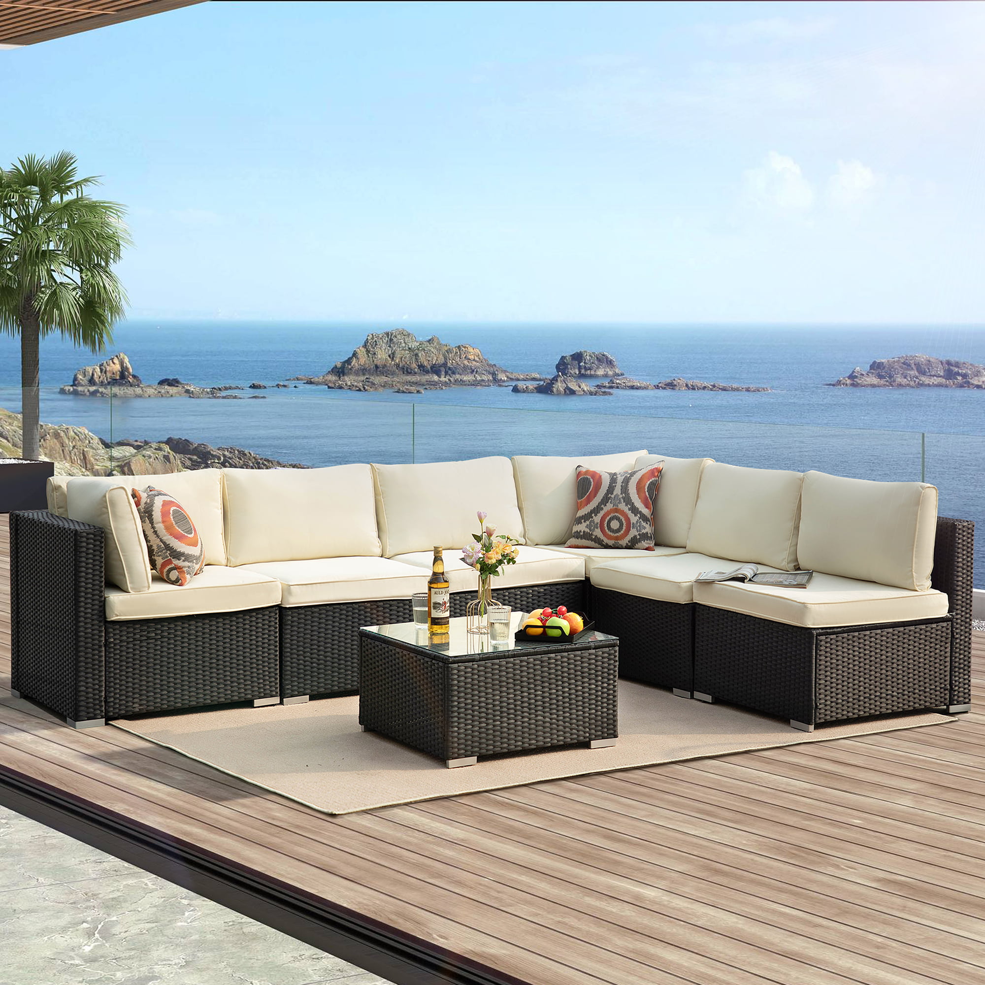 Brown Halmuz Outdoor Patio Set The New 7 Piece Patio Sectional Sofa Have PE Wicker Patio Sofa with Thickened Cushions and Coffee Table 