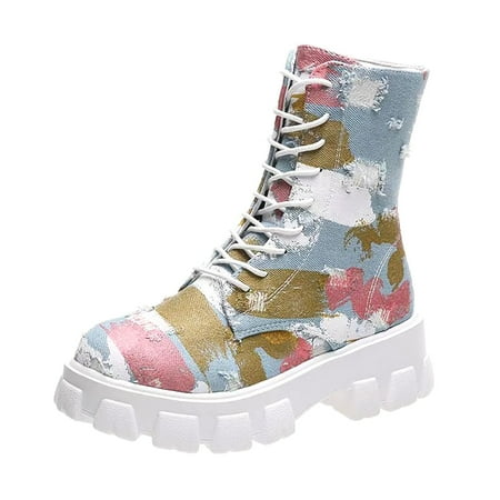 Lilgiuy Women Lace-up Shoes Retro Western Boots Casual Warm Low Heels BootsPink 4.5(35) Winter Clothes for 2022