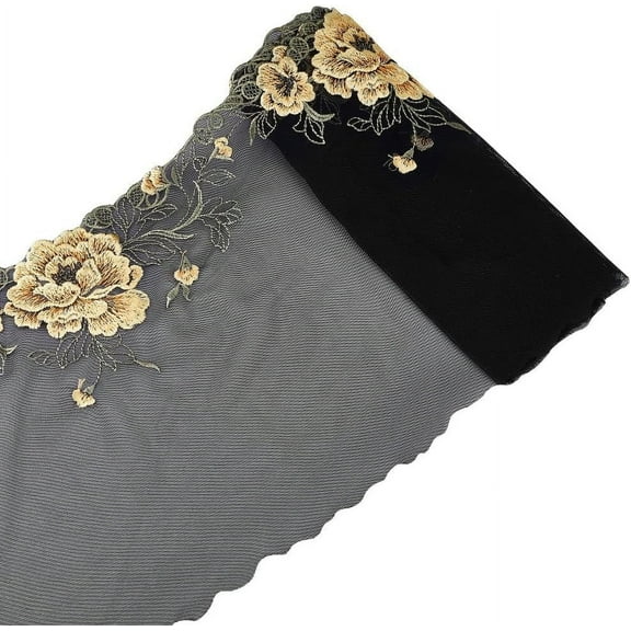 3 Yards 8.7 Inch Wide Yellow Peony Lace Fabric Black Embroidered Tulle Lace Trim Floral Mesh Net Sewing Craft for Wedding Applique DIY Sewing Crafts Clothes Home Decor DIY