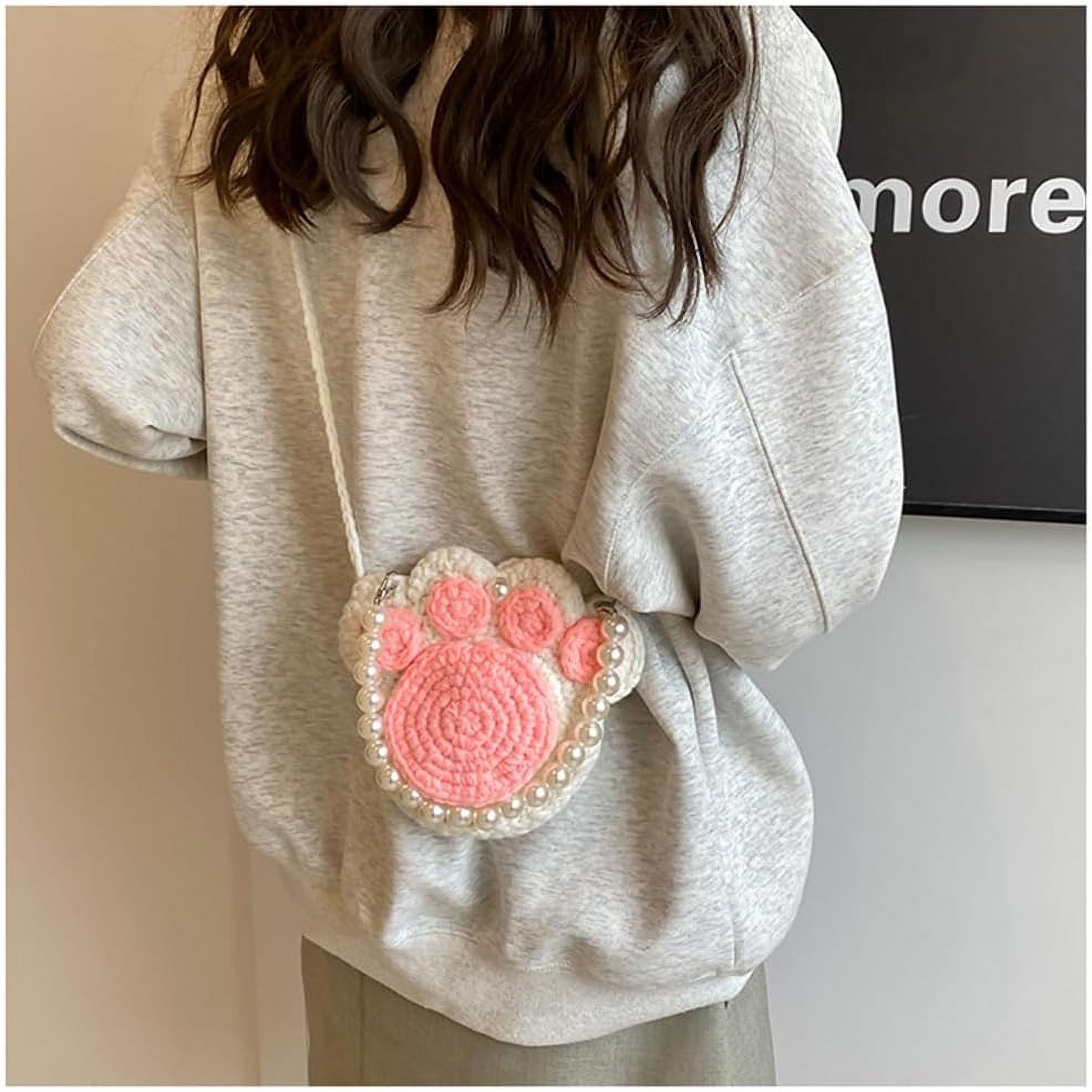 Ladies Crochet Cat's Paw Shape Crossbody Bag with Pearl Chain Cute Handmade Crochet Cat's Paw Handbag Cat's Paw Purse