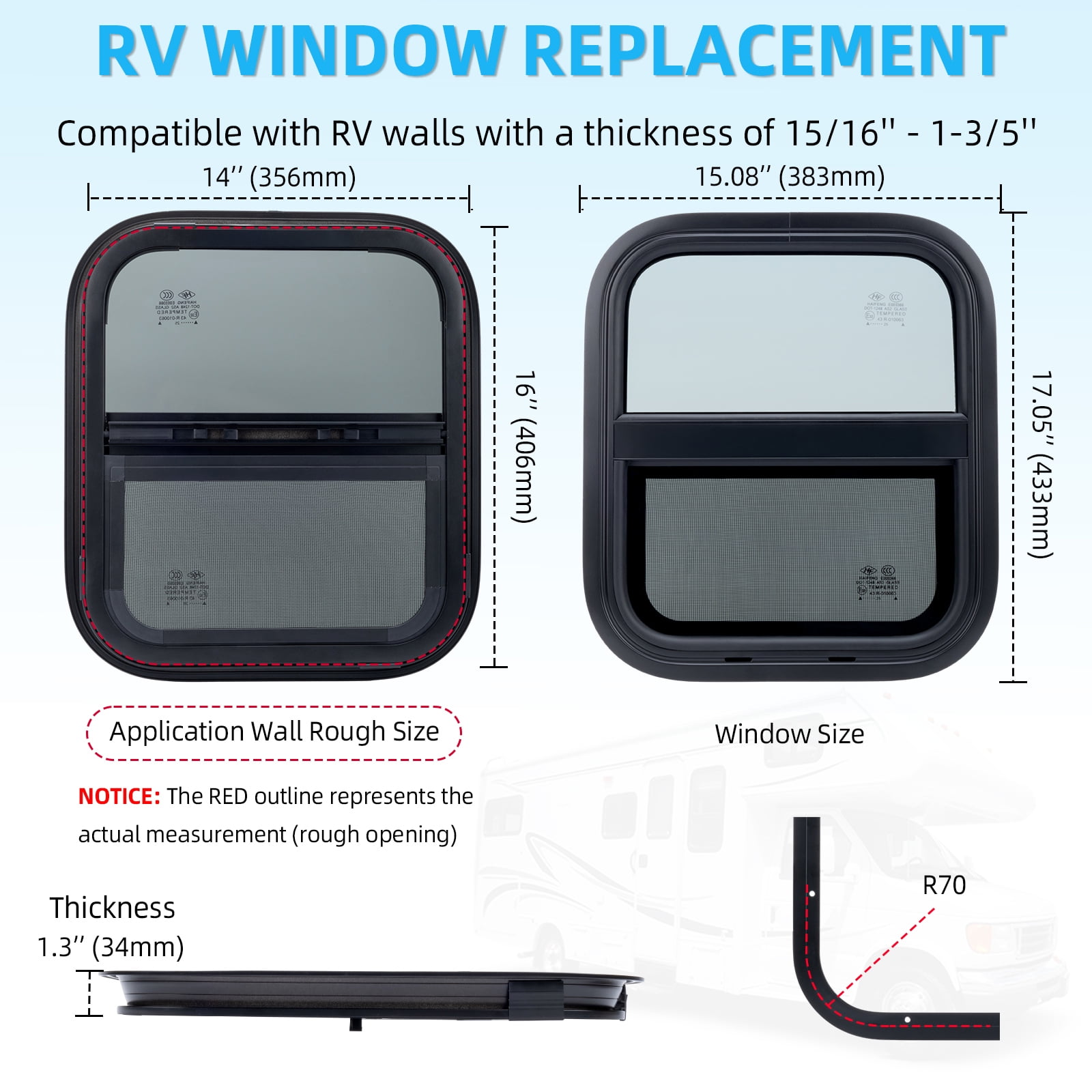 RV Window for Trailer Camper, 14" W x 16" H Vertical RV Window with Net Screen and Trim Ring RV Window for Cargo Trailer Camper for 15/16" to 1-3/4" Thick Walls, DOT Approved