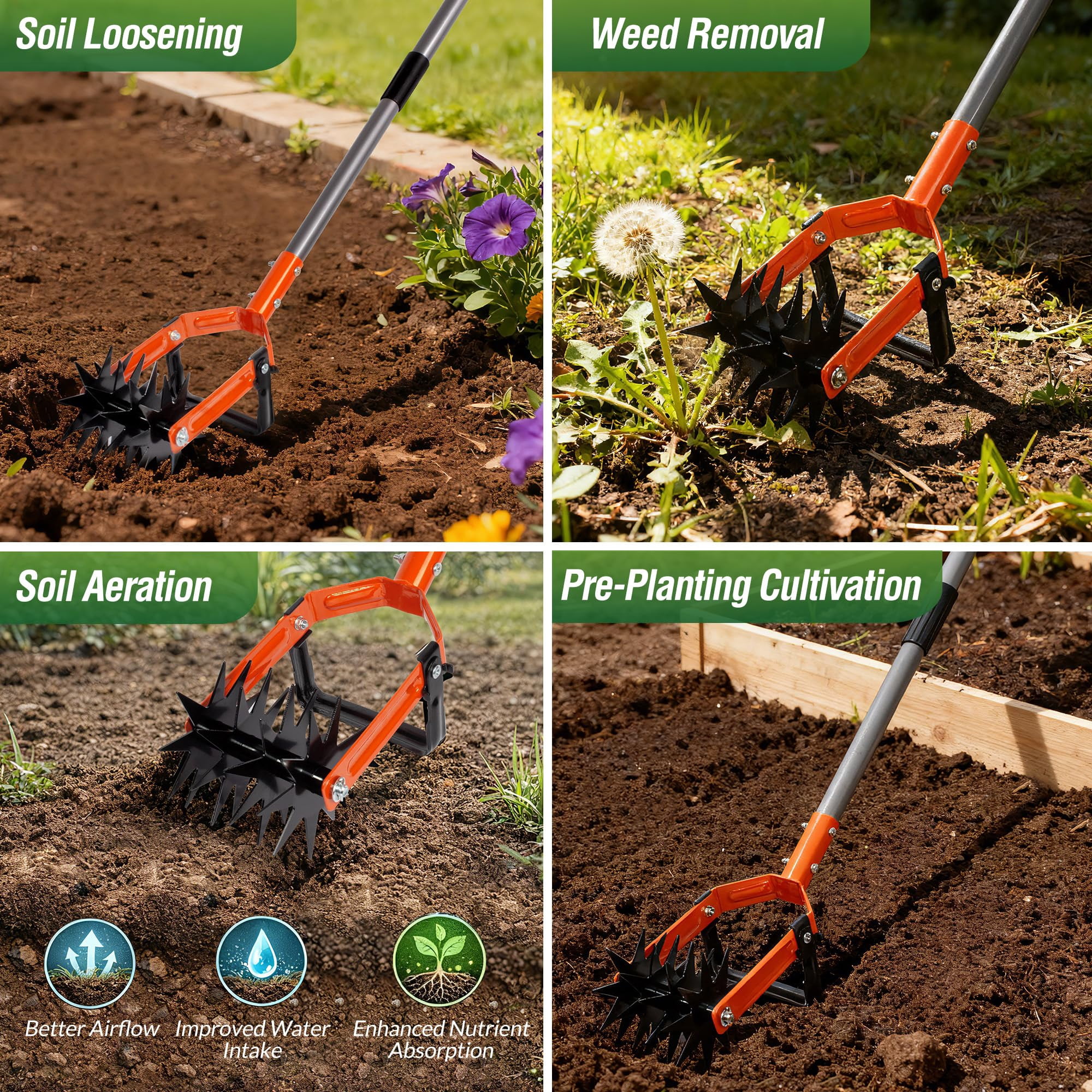 Rotary Cultivator Garden Tool  Adjustable Long Handle Hand Tiller With Star-shaped Rolling Tines 2-in-1 Weeder & Soil Aerator For Lawn Care Reseeding Grass Mixing Manual Yard