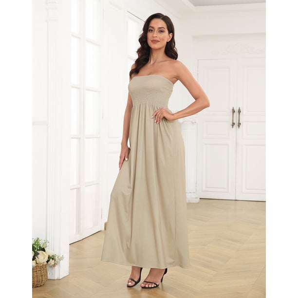 HDE Women's Strapless Maxi Dress Bohemian Sundress Beige S