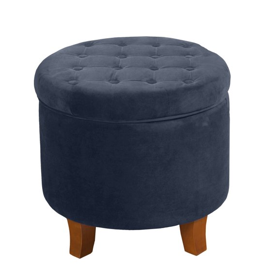 Benjara Button Tufted Velvet Upholstered Wooden Ottoman with Hidden Storage, Dark Blue and Brown