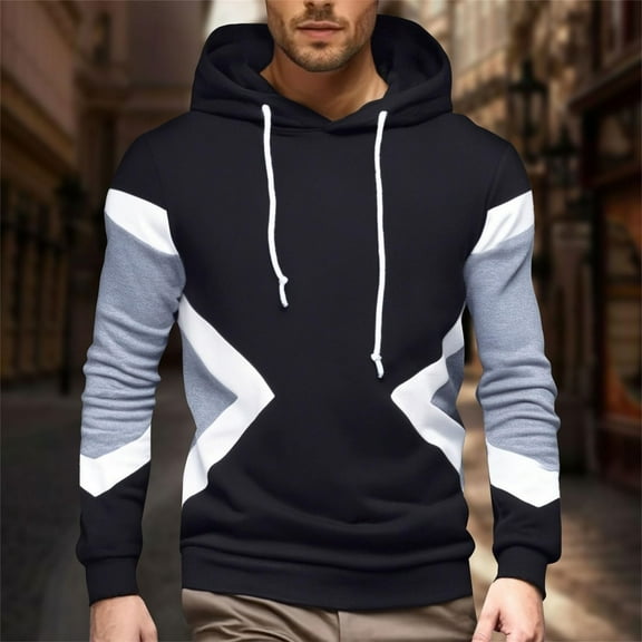 SAATLERI Mens Hoodie Multicolor Panel Fall Loose Fit Sweatshirt Long Sleeve Fleece Drawstring Fashion Sports Pullover