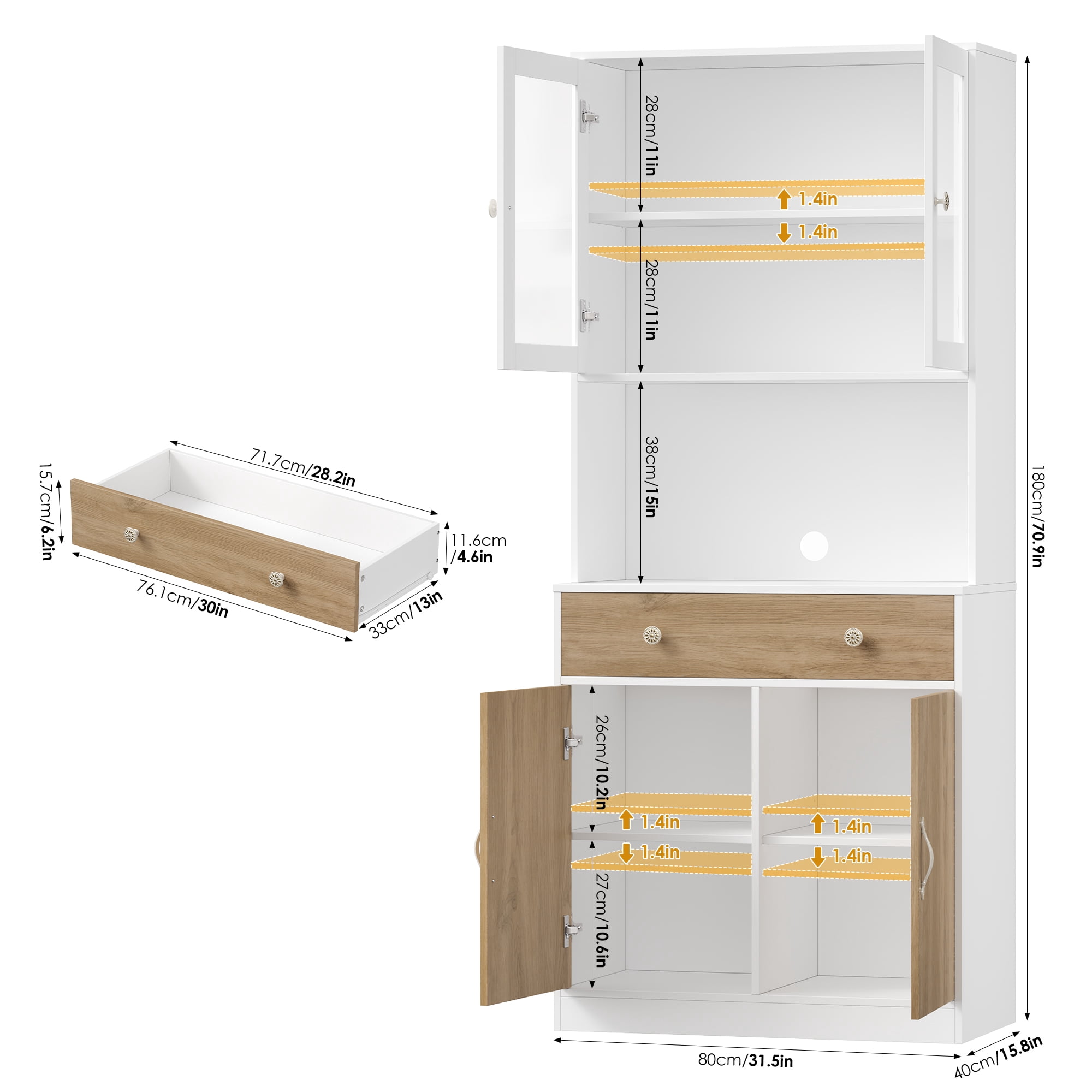 Homfa 71'' Kitchen Pantry Cabinet with Microwave Shelf & Drawer, 4 Doors Pantry Storage Cabinet with Adjustable Shelves for Dining Room, White+ Khaki