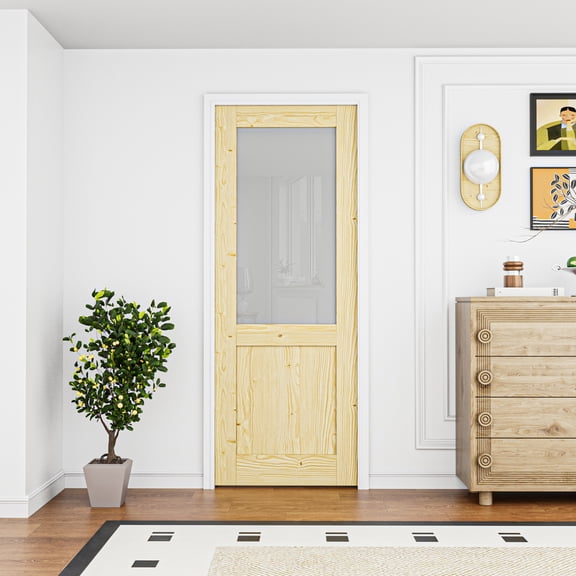 24" x 80" 1/2 Lite Tempered Frosted Glass Door Slab, Paintable Interior Shaker, Suitbale For Living Room, Pantry, Laundry Room As Prehung, Pocket Door, French Door, Barn Door, Pine Wood, Unfinished