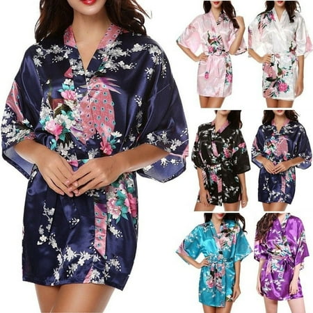 - Women Floral Printed Satin Kimono Bath Robe Sexy Peacock Silk Nightdress Waistband Sleepwear