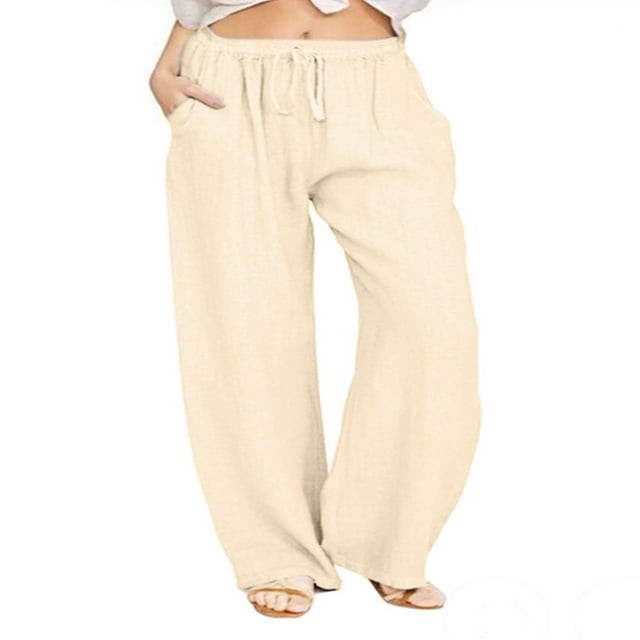 Casual Linen Palazzo Pants for Women High Waisted Solid Color Drawstring Loose Pants with Pocket