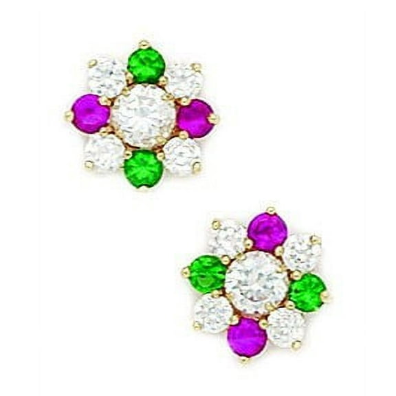 14k Yellow Gold Green and Red Cubic Zirconia Big Flower Fancy Post Earrings - Measures 10x10mm