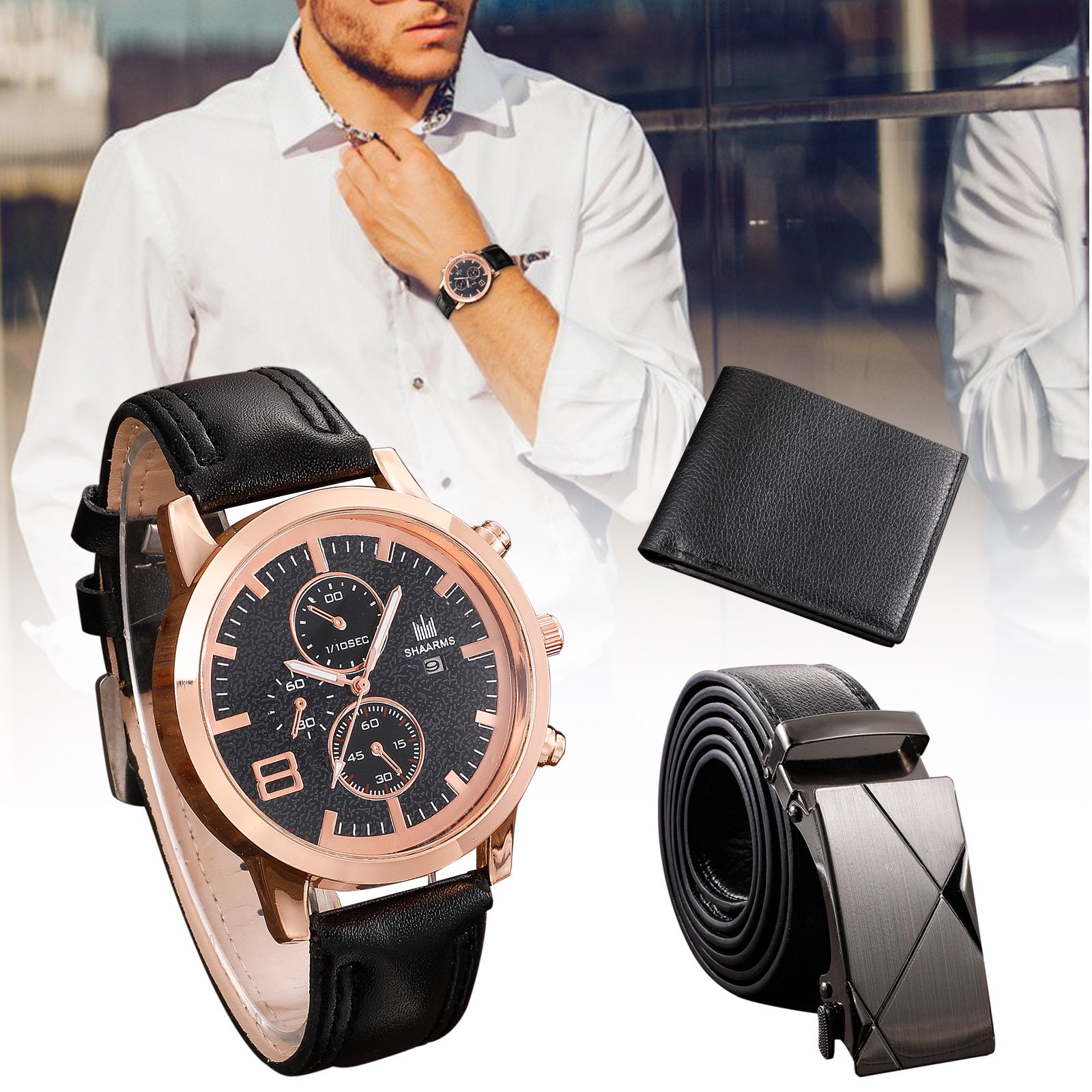 Men&rsquo;s Watch+Wallet+Belt Set Male&rsquo;s Gift for Father&rsquo;s Day Birthday Gift 3pcs/set