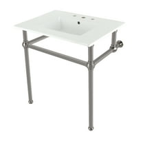 Kingston Brass KVBH31227W8B8 Templeton 31" Ceramic Console Sink with Brass Legs (8-Inch, 3-Hole), White/Brushed Nickel