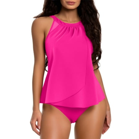 Fadeal Tankini Swimsuits for Women Women s Swimsuit with Breast Pad without Bracket Solid Color Mesh Patchwork Women s Swimwear Hot Pink S