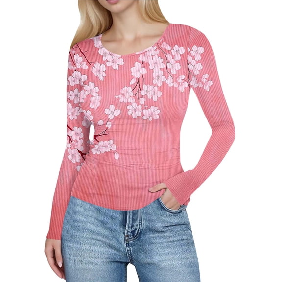 Women's Long Sleeve Tops Casual Round Neck Printed Graphic Tunic Slim Fit Striped Knitted Shirt Tops (M, Pink)