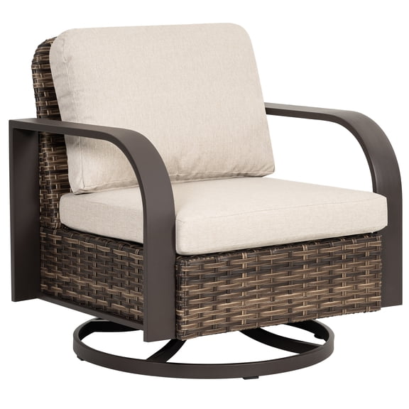 Nuu Garden Handwoven Wicker Metal Swivel Patio Sofa with Cushion and Pillow, Wide Seat Swivel Patio Chairs, All Weather Outdoor Patio Sofa Furniture for Deck Balcony Front Porch, Brown and Beige