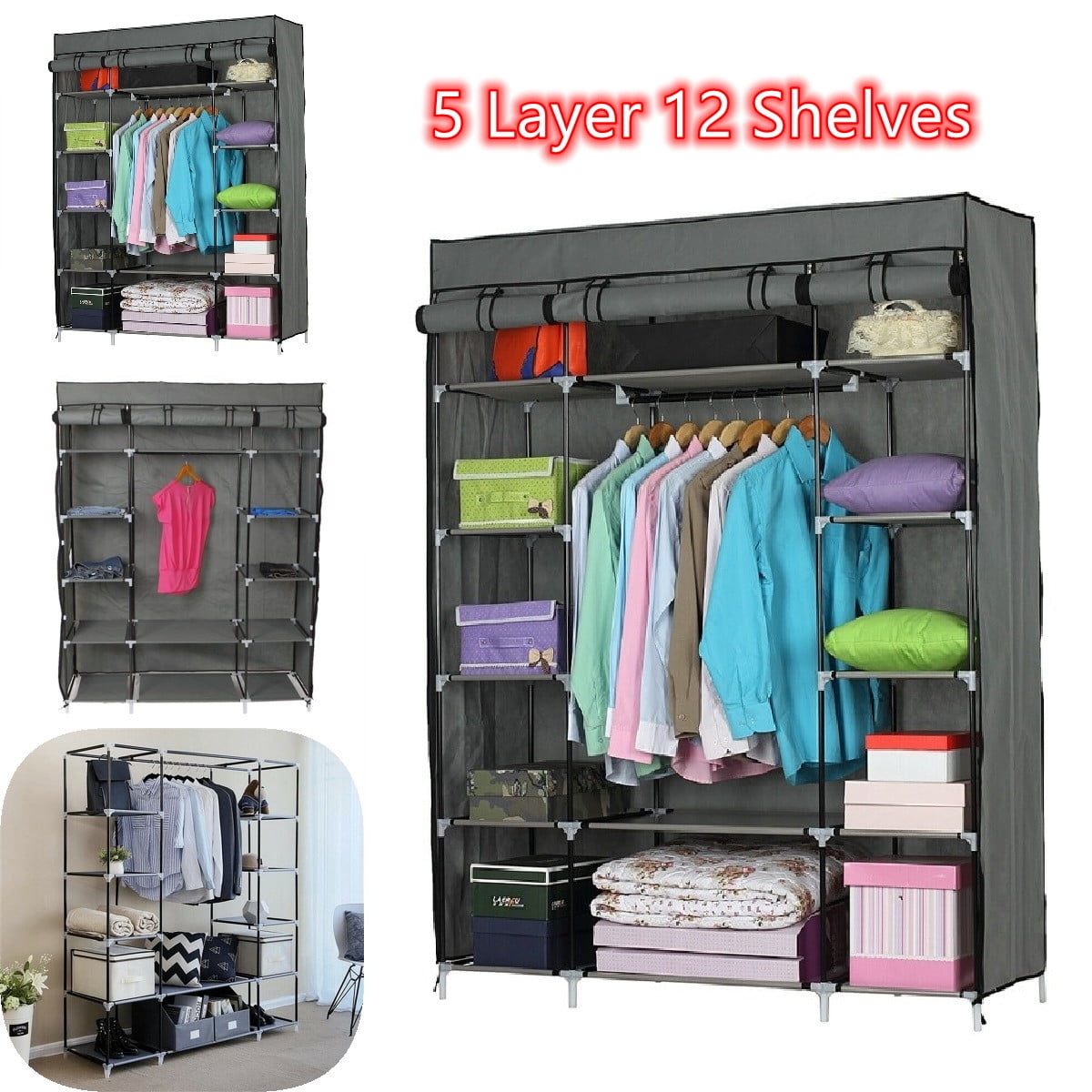 New 5-Layer 12-Compartment Non-woven Fabric Wardrobe Portable Closet Gray US 