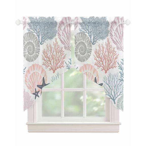 Coastal Starfish Swag Valances for Windows, Ocean Multicolor Coral Shell Conch Rod Pocket Sheer Valances for Small Windows, Swag Toppers Light Filtering for Kitchen Living Room 2 Panels 36''x36''