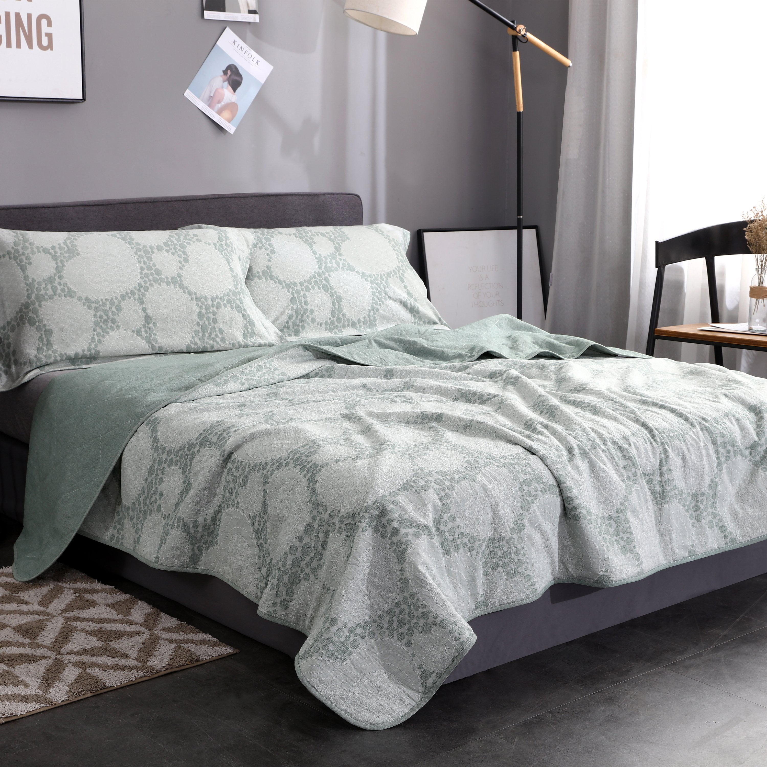 3 Piece Quilt Set with Shams. Soft AllSeason 100 Washed Cotton Bedspread Washed Jacquard