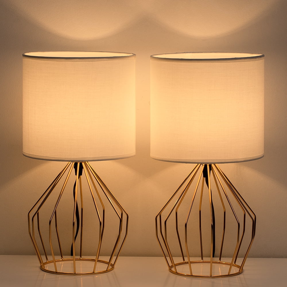 TUOREN 2 Piece Incandescent Gold Hollowed Out Base with Linen Fabric Shade