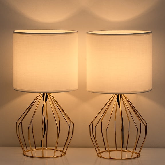 Minimalist Desk Lamp with Gold Metal Hollowed Out Base And Linen Fabric Shade