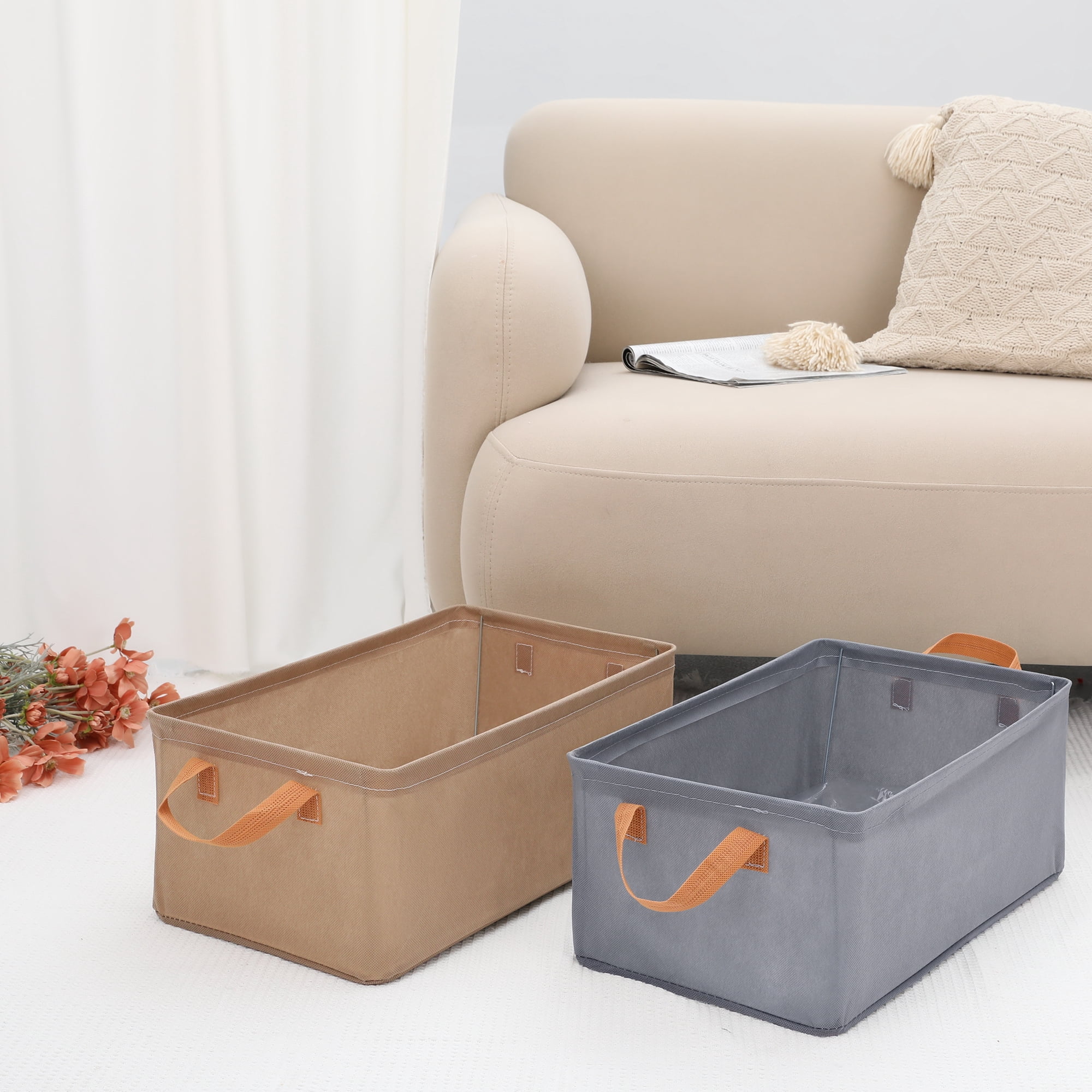 Unique Bargains Storage Bin with Handles for Shelves 1 Pack Basket Khaki