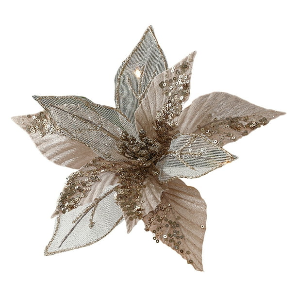 Flores artificiales navideñas de 28 cm con lentejuelas brillantes, flores de pascua de tela, flores artificiales para decorar el árbol de Navidad, bodas, cumpleaños y coronas decorativas