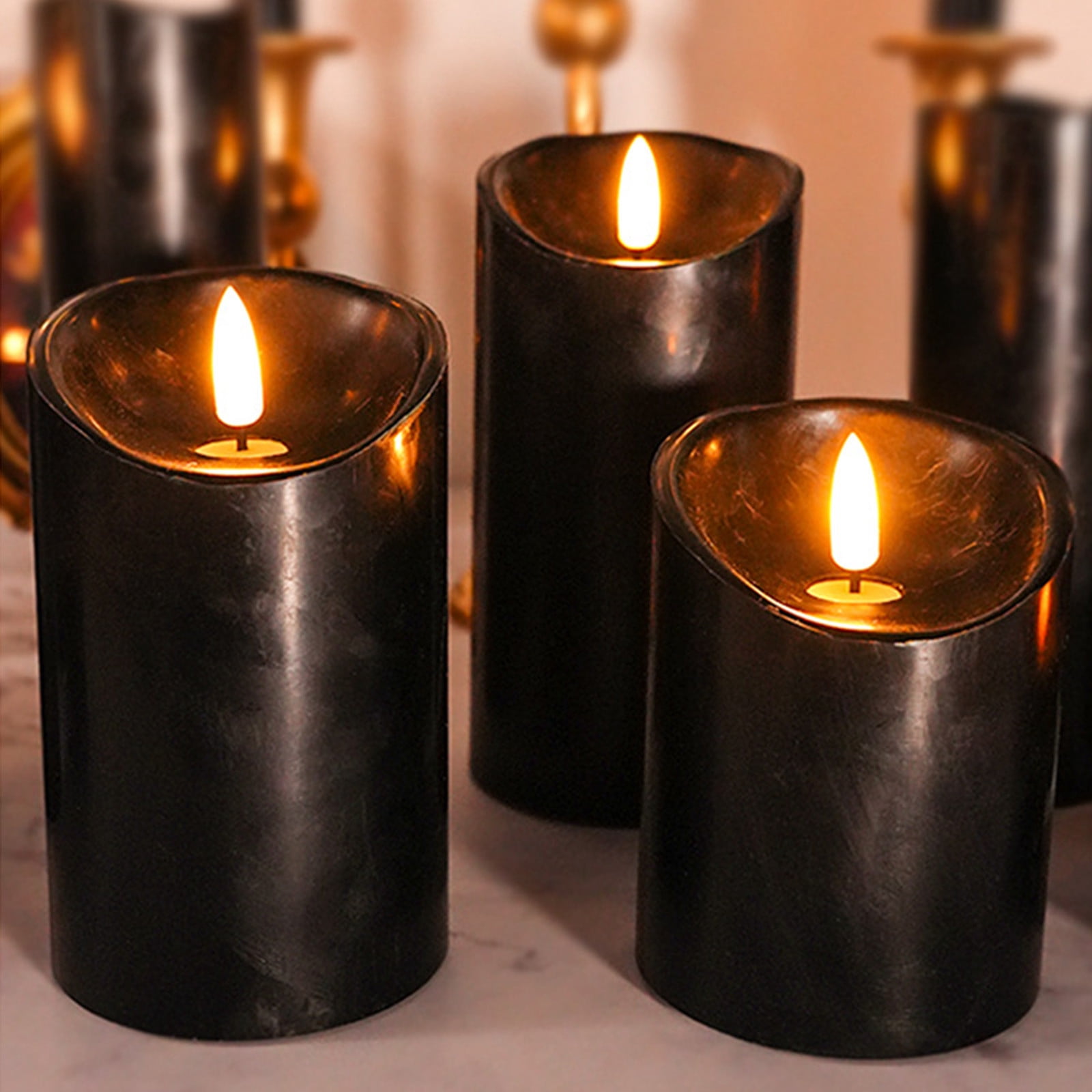 Yhmxh 3Pcs Black Flameless Flickering Candles with Remote Control, 3D Wick Realistic Battery Operated Real Wax LED Pillar Candles Set of 3 Home Wedding Party Halloween Decoration (D3"x H4"5"6")