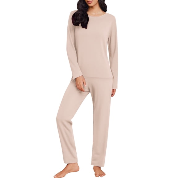 MVRLSH Pajamas For Women Set Long Sleeve O Neck Solid Color Comfortable Soft Cotton Two Piece Home Suit Loungewear Set Beige Xl-8Xl