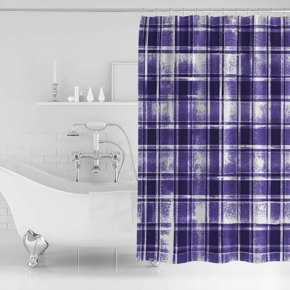 Waterproof Shower Curtain, Purple Checkered Polyester Fabric Bathroom Curtains with 12 Hooks, 36" W x 72" H, Vintage Watercolor Purple Plaid Quick-Drying Bathtub Curtain