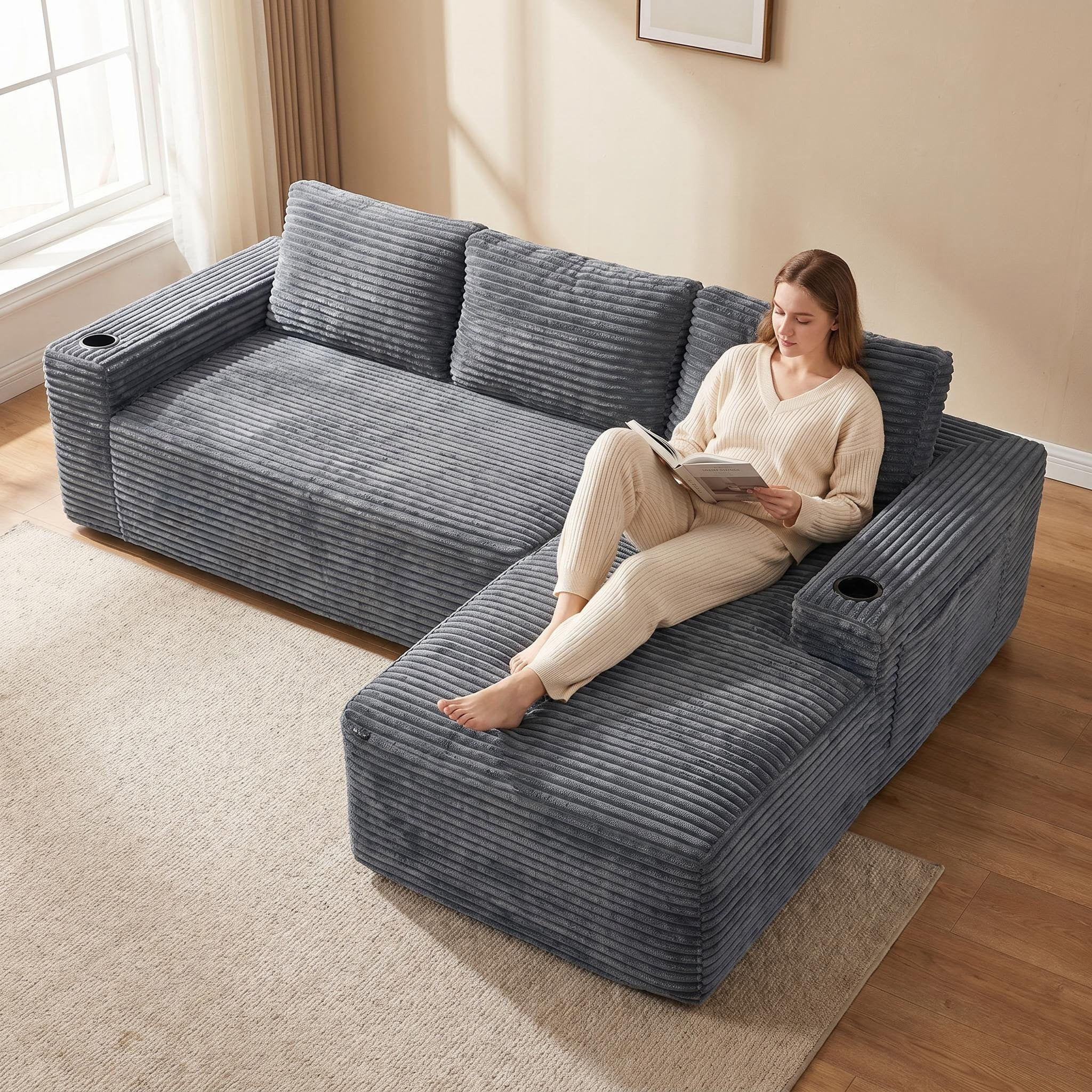 AISWORD 104.3" L-Shaped Modular Sectional Sofa, Corduroy 4-Seater Cloud Couch with Cup Holders & Side Pockets, Boneless Upholstered Sofa, No Assembly, Gray, Right-Facing Chaise