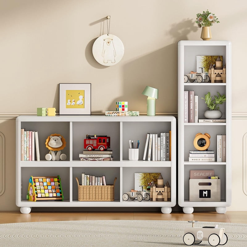 Tall Wooden Bookshelf, 4 Cube Bookcase with Sphere Foot, Freestanding Storage Cabinet, Sturdy Kids Storage Organizer for Living Room Bedroom Playroom Kitchen Bathroom