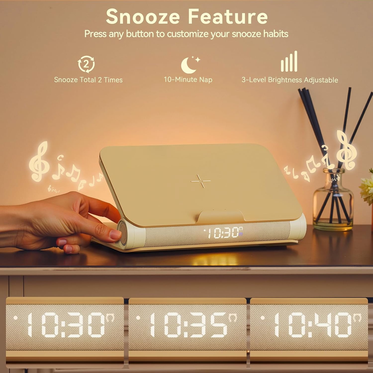 Sunrise Alarm Clock with Bluetooth Speaker, White Noise, Dimmable Lamp & Wireless Charging, Wood Grain Book Style