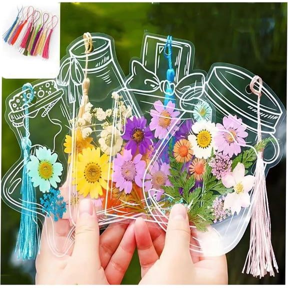 DIY Dried Flower Bookmark Kit, Transparent PET Bookmark Set with Tassels & Clear Sticky Sheets for Pressed Flowers, Nature Craft Gifts