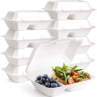 90 Pack 9"x 6" Clamshell Take Out Containers, 2 Compartment Compostable Hinged Food Containers Disposable To Go Boxes, Sugar Cane Takeaway Boxes for Restaurant, Party, Microwave Safe