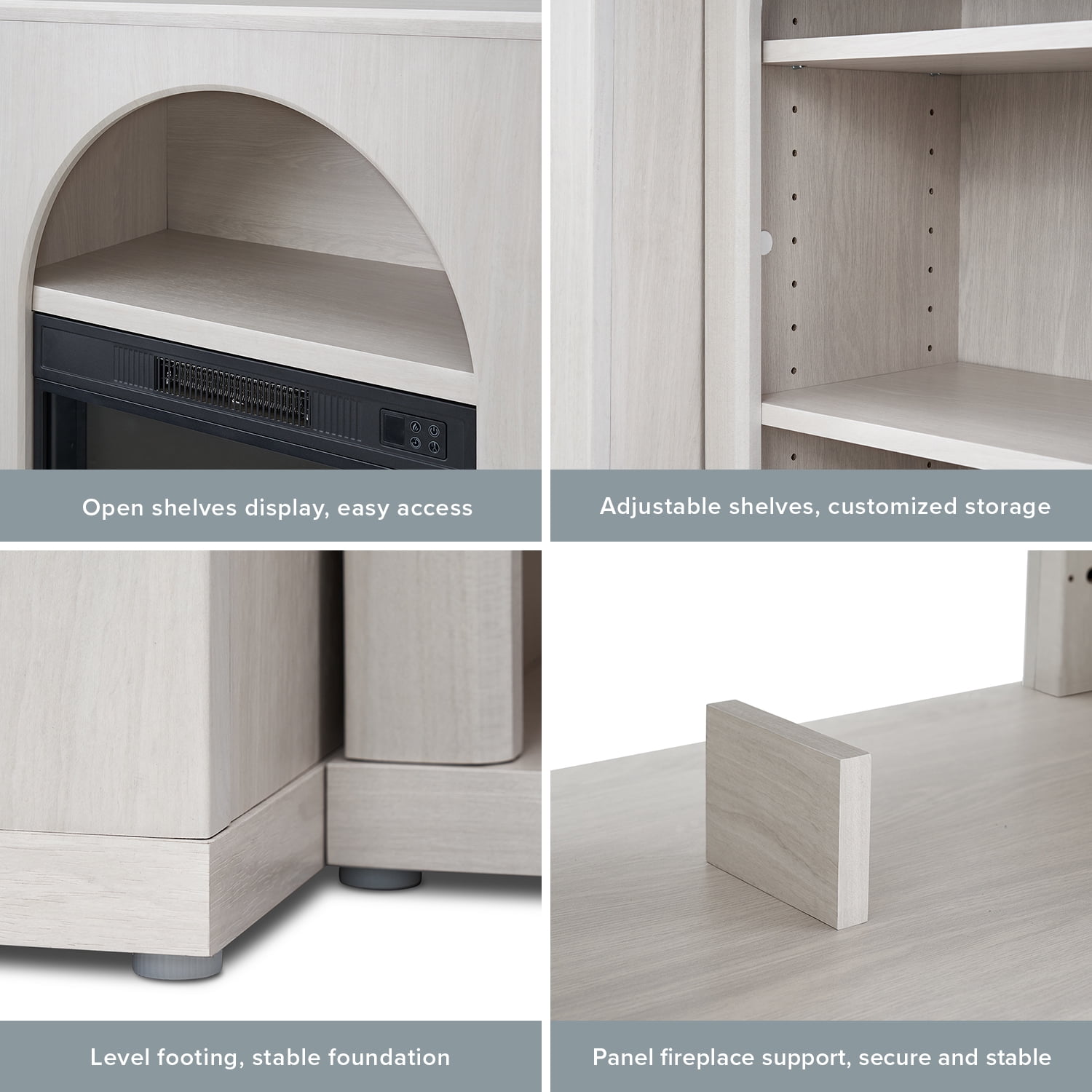 Mopio Blake 59" Arched TV Stand, Fireplace Mantel, Modular Side Storage Shelves, Entertainment Center for Living Room, Credenza, Media Console (White, With Insert)
