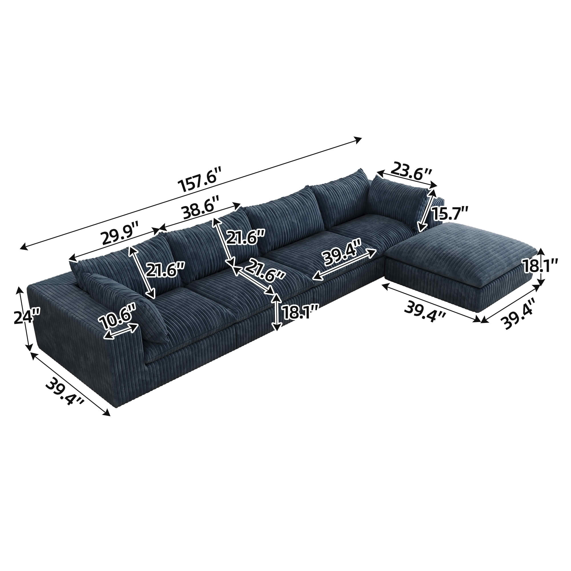 MAYEERTY 157.6" Cloud Corduroy Sofa, Deep Seat Double-Layer Design, Removable Cushion No Assembly, DIY Combination, Blue