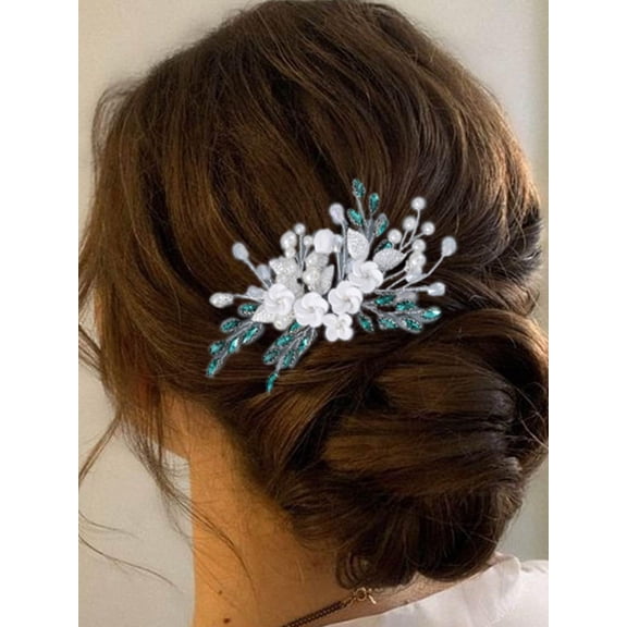 Flower Bride Wedding Hair Comb Green Crystal Bridal Hair Piece Pearl Hair Clip Leaf Hair Accessories for Women and Girls