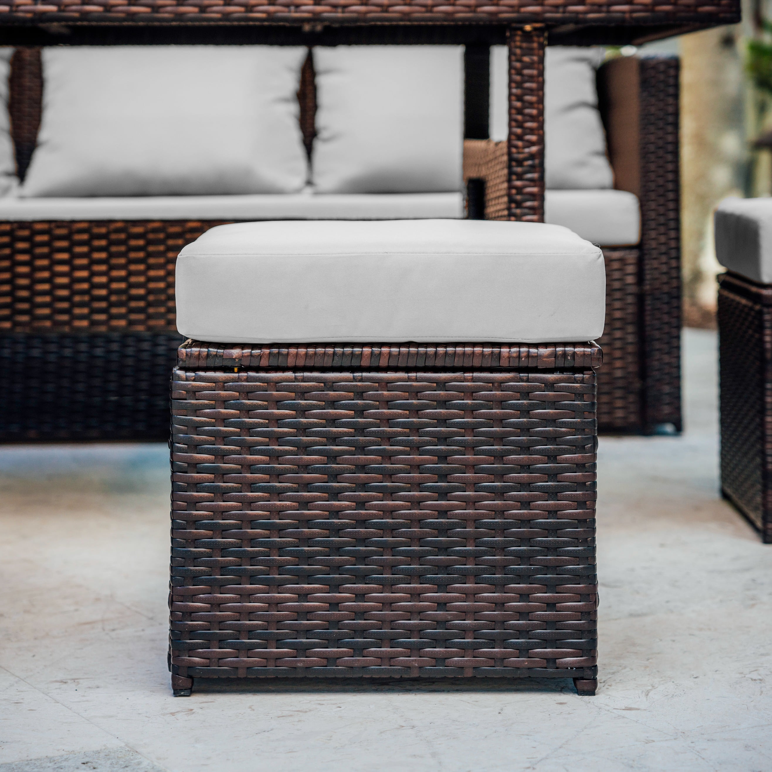 Hearth & Harbor 7 Piece Outdoor Furniture Set, Wicker Outdoor Sectional Dining Set with 10 Seats and Patio Table, Brown with Off-white Cushions