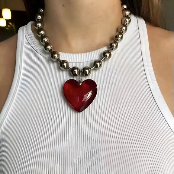DESIGNICE Fashion Love Heart Necklace Big Glass Heart Pendant Necklace Choker Neck Chain-Red Heart Necklace