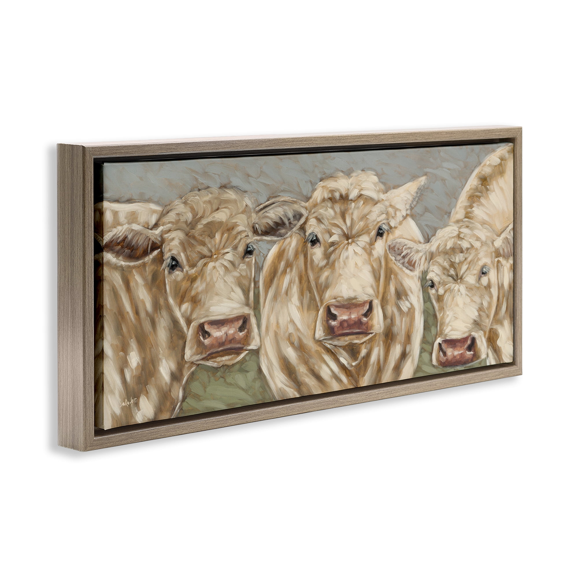 Stupell Industries Beige Cow Trio Animals & Insects Painting Brown Floater Framed Canvas Art Print Wall Art, 31 x 14