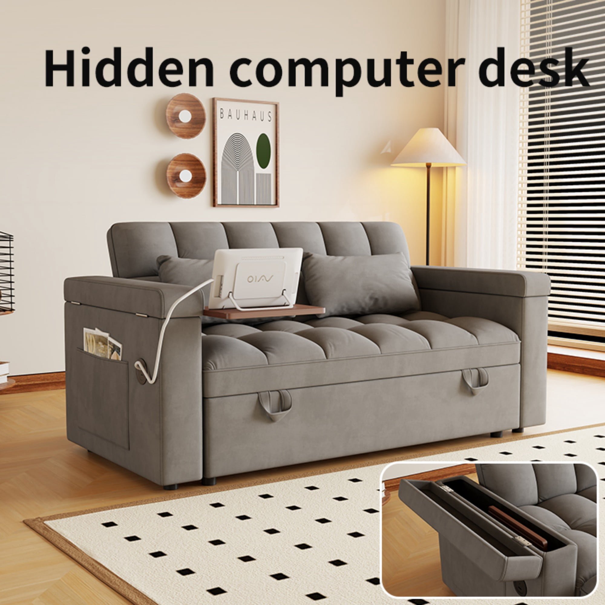 Gewnee 65" Foldable Sofa Bed with Table Board & USB,5-Level Adjustable Backrest & Pillow & Storage Armrests,Space-Saving for Living Room,Apartment,Office.Dark Grey