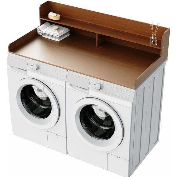 2-Tier Wood Washer Dryer Countertop with Shelf, Two Layers Laundry Topper, Satin Walnut Finish