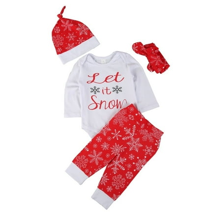 Kacakid 4Pcs Baby Girls Christmas Long Sleeve Shirts+ Pants+Hat+Hairband Outfits Baby