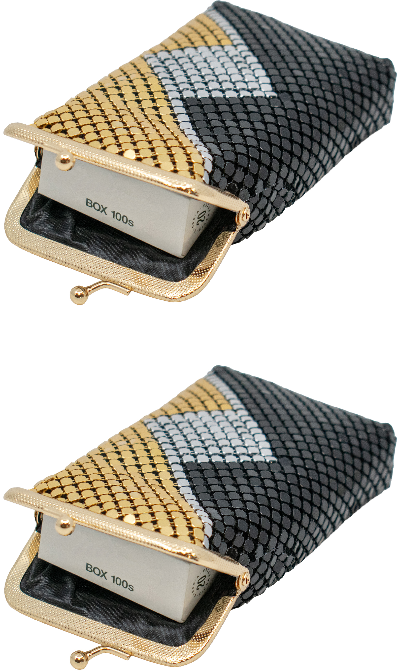 Set of 2 Vintage Soft Metallic Mesh Short Cigarette Case Purses (4mm, Black Silver Gold)