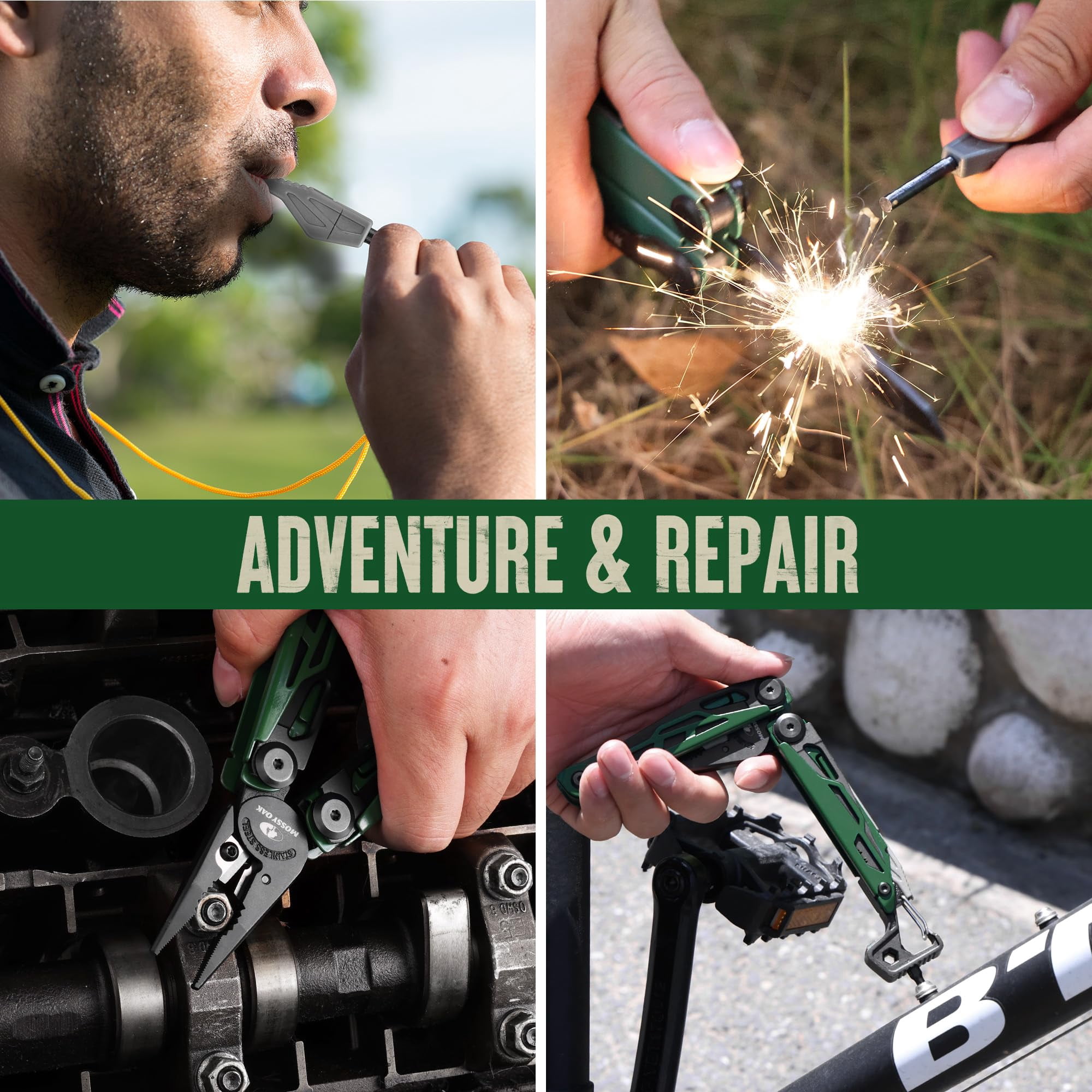 Mossy Oak Cnc-machined Multitool Pliers  27-in-1 Multi Tool With Pocket Fire Starter & Whistle Bottle Opener - Self-locking For Camping Hiking